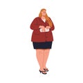 Fat chunky plus-size woman standing in short skirt. Young smiling chubby plump girl in blazer, sandals. Female character Royalty Free Stock Photo
