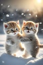 very cute fat couple kittens flying together or jumping in the snow outside, realistic, fantasy art AI generated