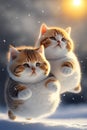very cute fat couple kittens flying together or jumping in the snow outside, realistic, fantasy art AI generated