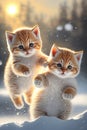 very cute fat couple kittens flying together or jumping in the snow outside, realistic, fantasy art AI generated