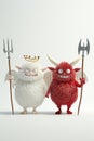 fat cute fluffy Angel with golden halo and devil demon with pitchfork cartoon character Generative AI Royalty Free Stock Photo