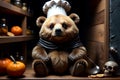 fat cute joyful bear in his fashionable modern den, modern bear den