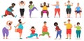 Fat Cute People Doing Fitness Exercise Training. Man And Woman Gym Workout Vector Illustration.