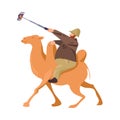 Fat european tourist man ride on camel and make selfie