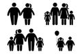 Fat family stick figure vector icon set. Obese human, children couple black and white flat style pictogram Royalty Free Stock Photo