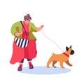 Fat fashionable woman with French bulldog. Pet friendly. Character girl walking with a dog. Lifestyle and self Royalty Free Stock Photo