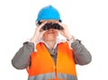 Fat female architect or engineer using binoculars