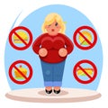 Fat female diet character health refusal junk food flat cartoon design vector illustration