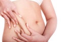 Fat female stomach on white background. Royalty Free Stock Photo