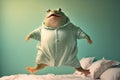 fat frog in a terry bathrobe joyfully on bed, created with Generative AI technology