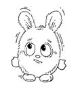 Fat funny hare at loss. Cheerful wild animal. A comical character. Sketch sketch. Hand drawing isolated on white