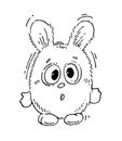 Fat funny hare surprised. Cheerful wild animal. A comical character. Sketch sketch. Hand drawing isolated on white