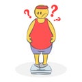 Fat funny lazy sportsman is weighed on the scales. Weight loss and a healthy body. Sad cartoon fat man starts workout