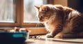 A fat ginger cat sits next to a food bowl placed on the floor