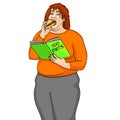 Fat girl eat burger and reads book about how to lose weight Object isolated on white background vector. Comic book style