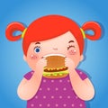 A fat girl eating delicious hamburger