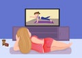 Fat girl laying down watching fitness teacher on her TV page. Illustration of a woman who wants to lose weight but can't Royalty Free Stock Photo