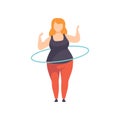 Fat girl spinning the hula hoop around the waist, obesity woman wearing sports uniform doing fitness exercise, weight