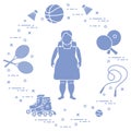 Fat girl, sports equipment. Children activities.