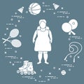 Fat girl, sports equipment. Children activities.