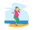 Fat Girl in Sports Wear Running on Beach, Fitness Activity on Seascape Background. Aerobics Pilates Workout Training