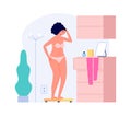 Fat girl weighed. Overweight, upset woman on scales in room.Flat female character need diet vector illustration Royalty Free Stock Photo