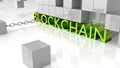 Fat green metallic letters showing the word blockchain surrounded by grey reflecting cubes