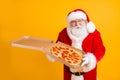 Fat grey beard santa claus deliver x-mas christmas night midnight present yummy pizza season shopping tradition