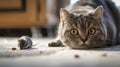 Fat grey cat hunting to mouse inside house, face of funny pet playing on floor at home, portrait of happy domestic animal. Concept Royalty Free Stock Photo