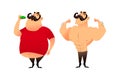 A fat guy and an athlete. Before and after. Doing sports and eating healthy concepts. A man with obesity is eating a donut. The Royalty Free Stock Photo