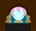 Fat guy is sitting on chair and TV. Glutton Thick man and televisor. vector illustration Royalty Free Stock Photo