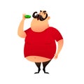 Fat guy takes a bite of a donut. Funny cartoon obesity man in a T-shirt with a naked belly. Puffy mustachioed big happy Royalty Free Stock Photo