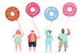 Fat guys with doughnut balls. Overweight men and women standing in row, unhealthy food habits. Body positive people