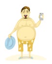 Fat happy joyful man in beach shorts with phone and hat makes a photo. Royalty Free Stock Photo