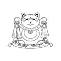 Fat Japanese cat maneki neko outline. A symbol of good luck and wealth. Vector illustration.