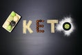 Fat keto peanut butter, cheesecake, matcha balls tea on dark black wooden background. keto protein balls and matcha tea recipes