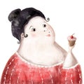 fat lady with a cake, funny watercolor illustration