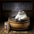 Fat lazy japanese cat takes hot bath in Japanese Wooden bath tub