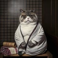 Fat lazy japanese cat wrapped in bathrobe relaxing in a Finnish sauna