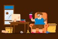 Fat lazy man lifestyle, sitting state vector illustration. Obese character man in dirty room, irresponsible attitude to