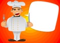 Chef in uniform holding up a knife and fork. Royalty Free Stock Photo