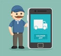 Fat male courier standing with costumer service on smartphone