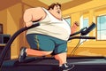 fat male obese runner runs on treadmill in gym. Running cardio workout to lose excess weight. Cartoon character