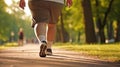 Plump man in athletic attire running along asphalt path in park on sunny day with clear weather Royalty Free Stock Photo
