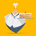 Fat man baker confectioner holding tray big cake Royalty Free Stock Photo