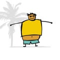 Fat man on the beach, sketch for your design Royalty Free Stock Photo