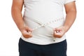 Fat man, very big belly, standing, using tape to measure waist Royalty Free Stock Photo