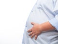 Fat Man with big belly overweight isolated on white background. Unsuccessful dieting, Weight loss concept, Tight shirt. Royalty Free Stock Photo