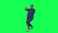 Fat man in blue clothes resisting door opening from right angle on green screen