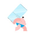 Fat man carries refrigerator. Gluttony concept. vector illustration